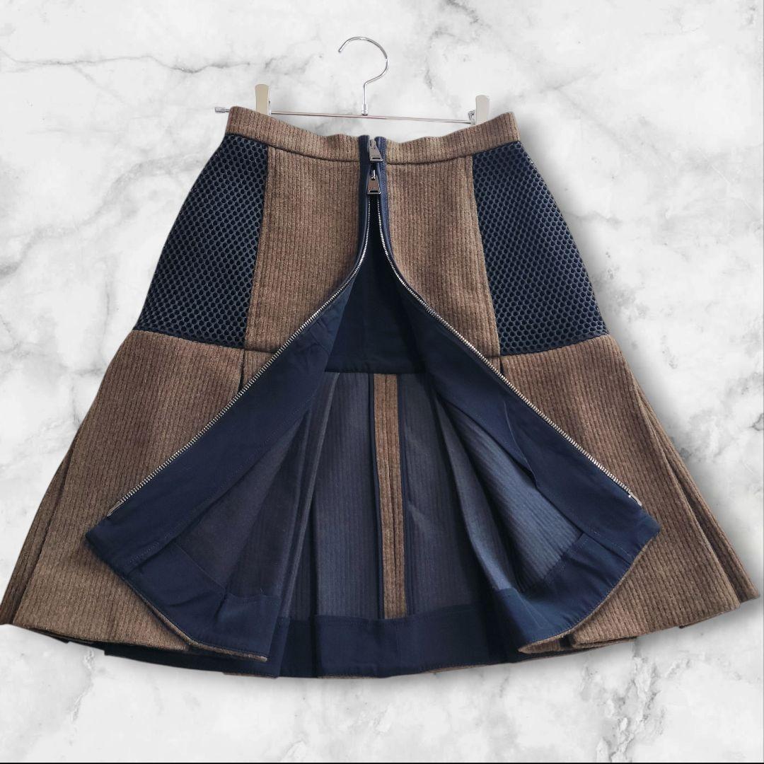 FENDI フェンディ ウール切替 プリーツスカート 36 Wジップ