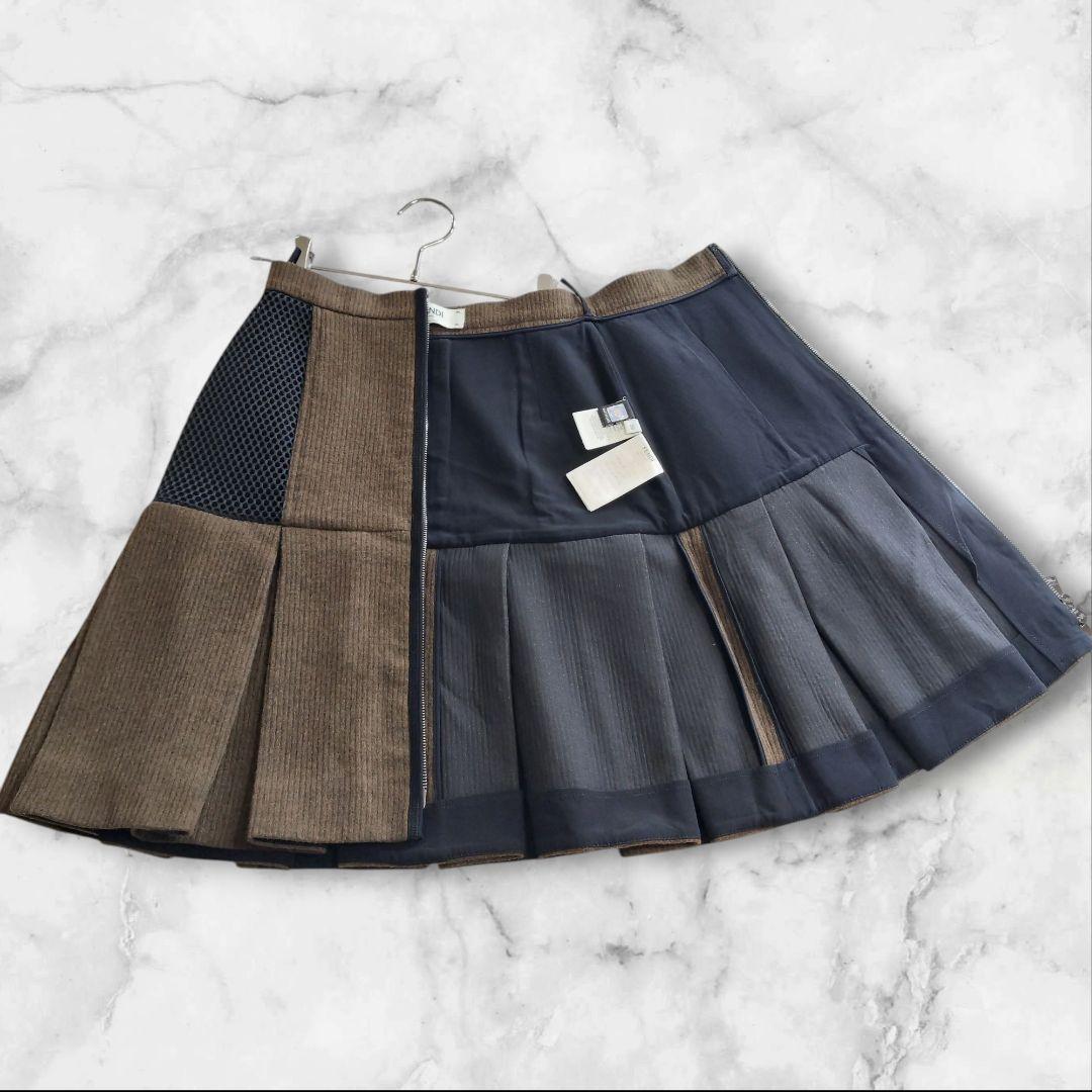 FENDI フェンディ ウール切替 プリーツスカート 36 Wジップ