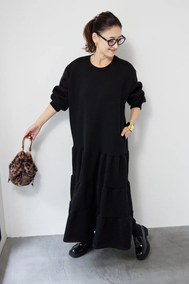 plus otoha 新品未使用タグ付き 裏起毛ティアードワンピース ブラック