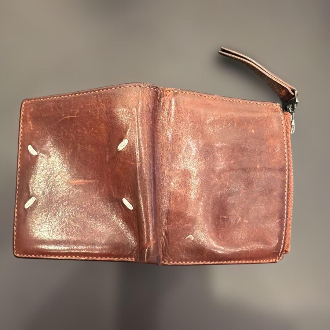 【Maison Margiela】レザー二つ折り財布 ブラウン ジッパー付き