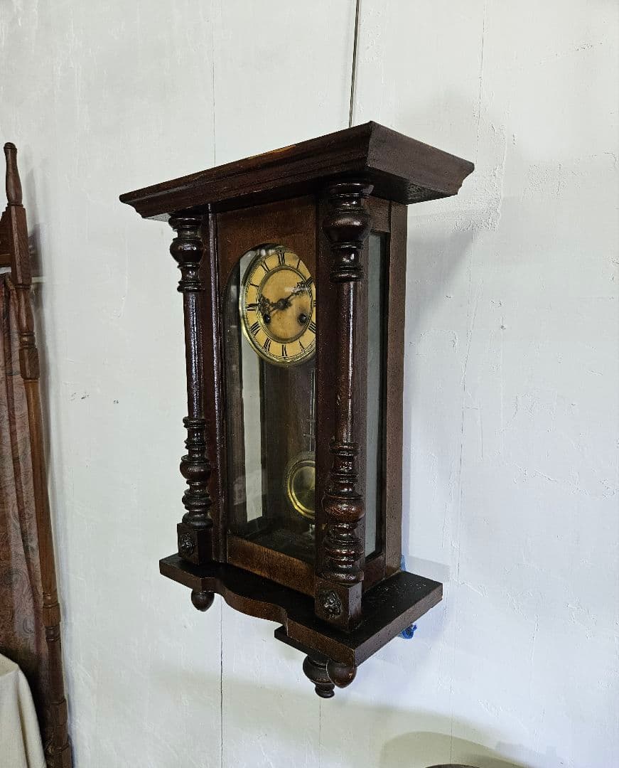 フランスアンティーク 木製の柱時計 琺瑯文字盤 壁掛け 振り子 ウォールクロック