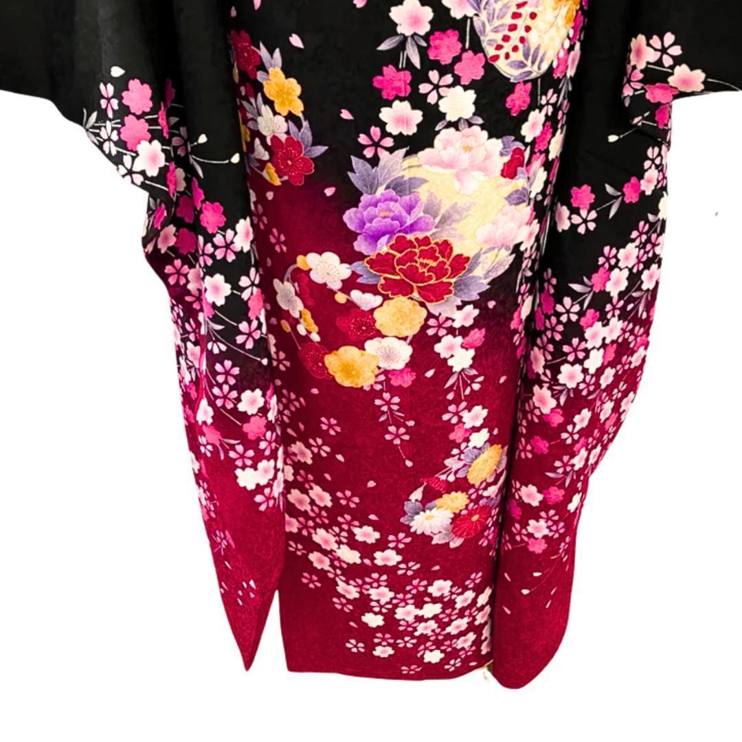 【美品】 振袖 正絹 古典柄 成人式 単品 枝垂れ桜 黒 *203 ●