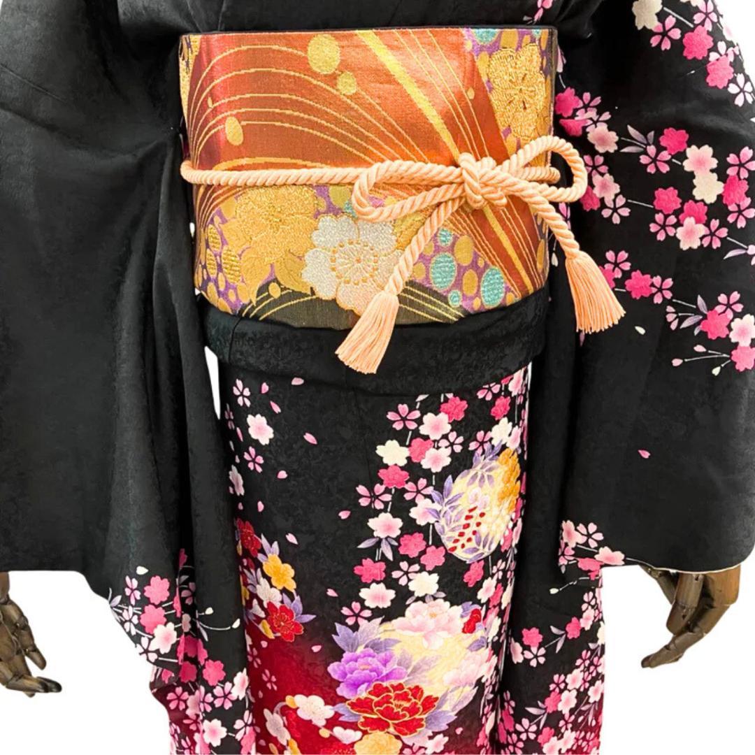 【美品】 振袖 正絹 古典柄 成人式 単品 枝垂れ桜 黒 *203 ●