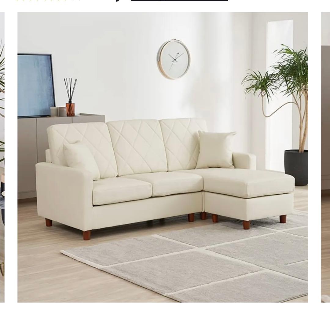 LOWYA 3人掛けカウチソファ クッション付き PVC生地 ホワイト(カウチ別