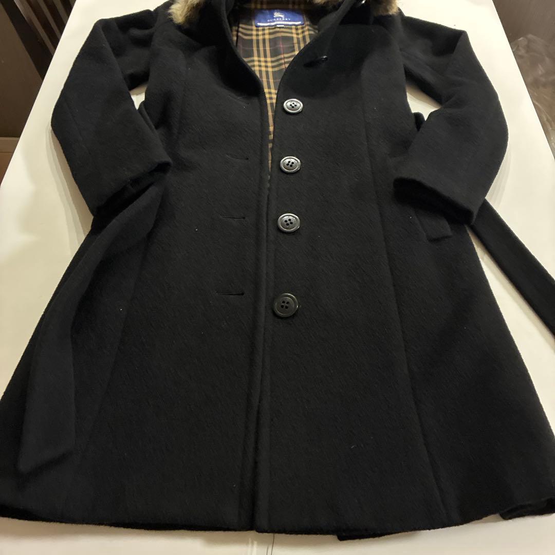 美品　バーバリーブルーレーベル　ロングコート　アンゴラ　ノバチェック　ファー　黒