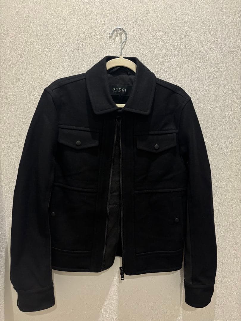 グッチ GUCCI メルトンウール袖レザー 切替ミリタリージャケット