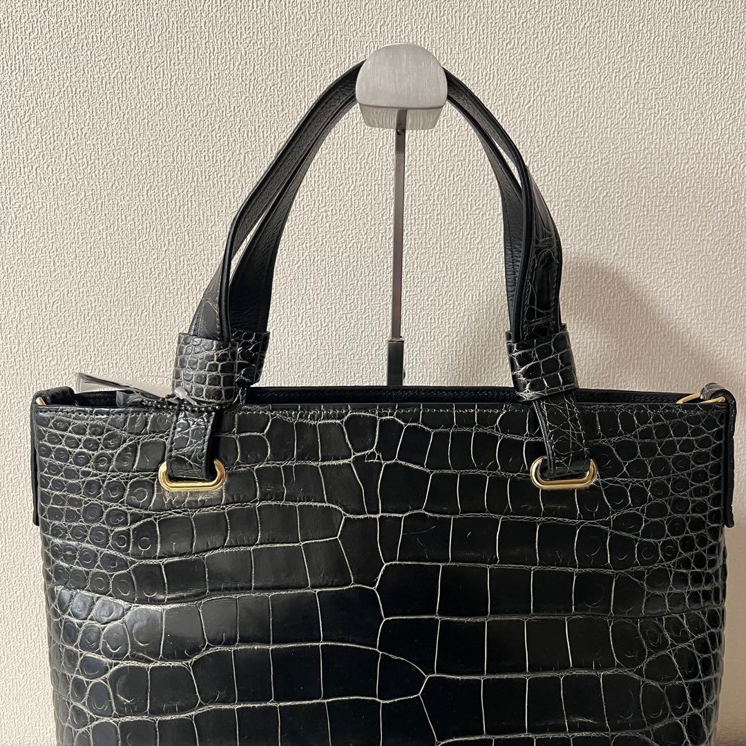 未使用品 JRA認定 クロコダイル トートバッグ 目地染め ブラック 2way