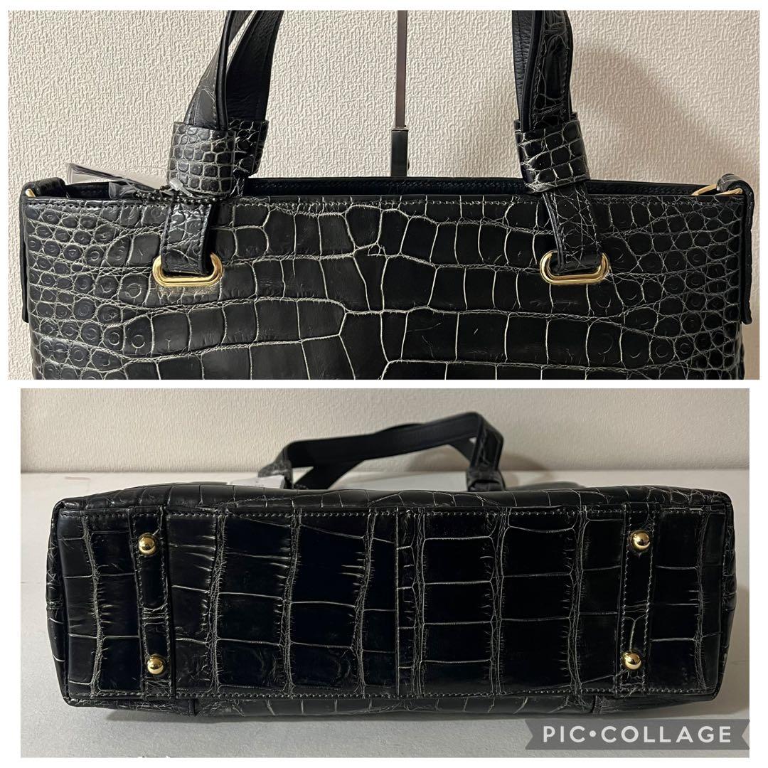 未使用品 JRA認定 クロコダイル トートバッグ 目地染め ブラック 2way