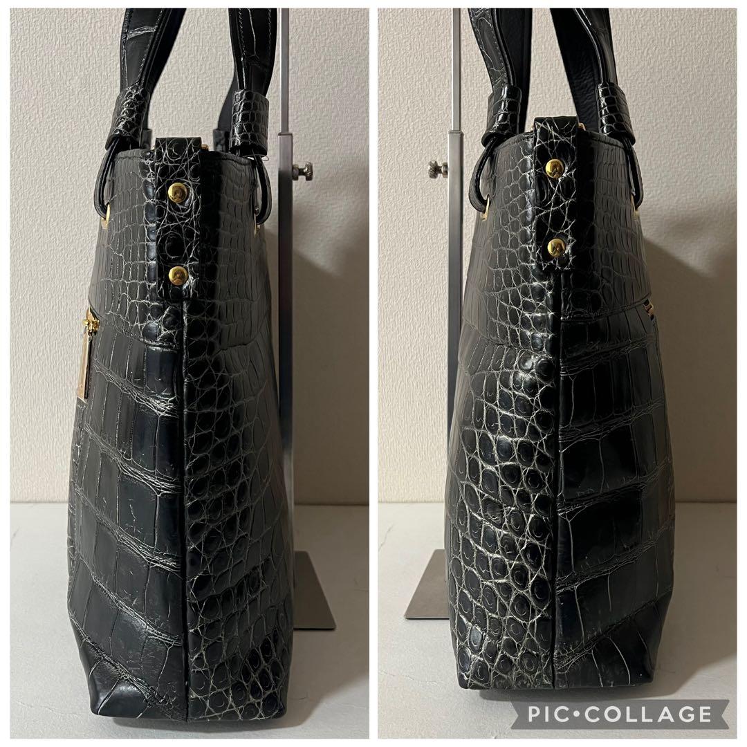 未使用品 JRA認定 クロコダイル トートバッグ 目地染め ブラック 2way