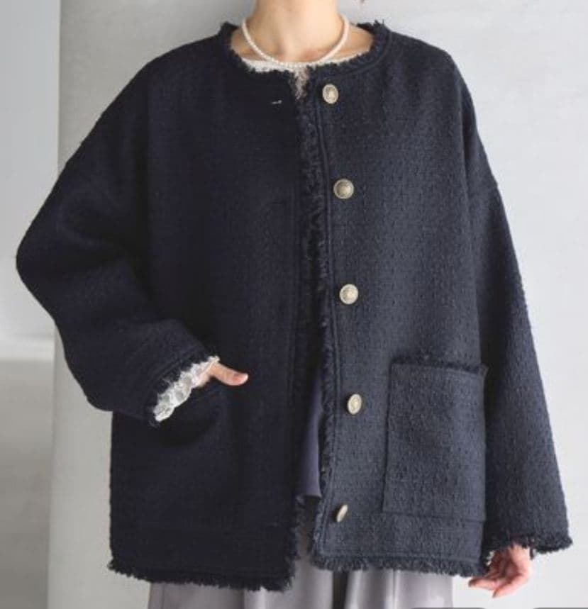 【studio CLIP】ドルマンツイードジャケット ネイビー