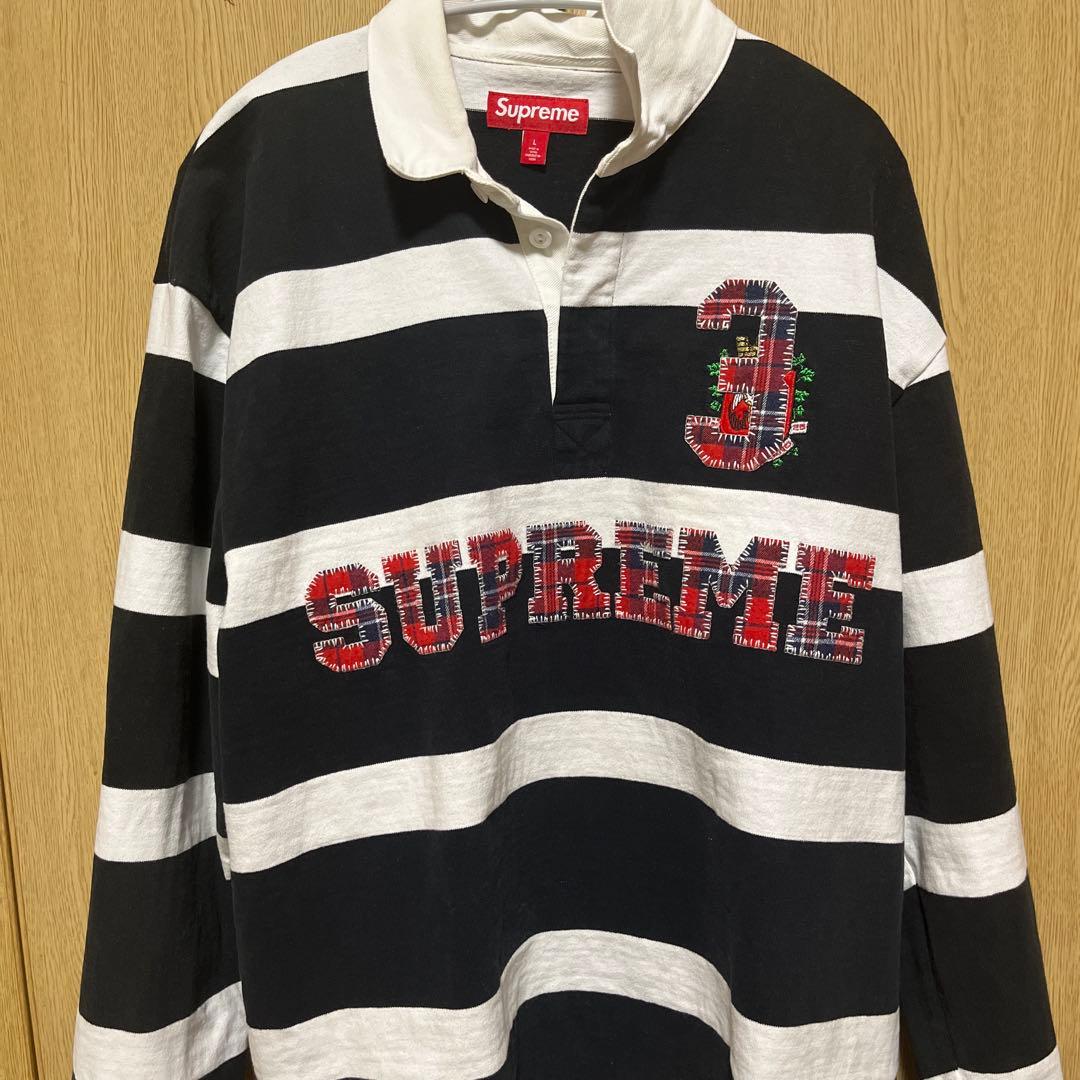 美品Supreme ラガーシャツ L 黒/白 ストライプ