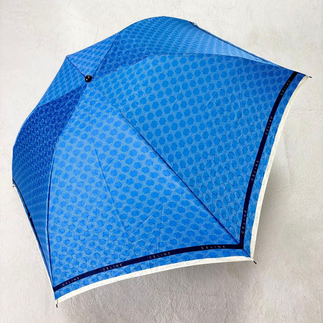 未使用級 CELINE セリーヌ マカダム柄 折り畳み傘 ブルー