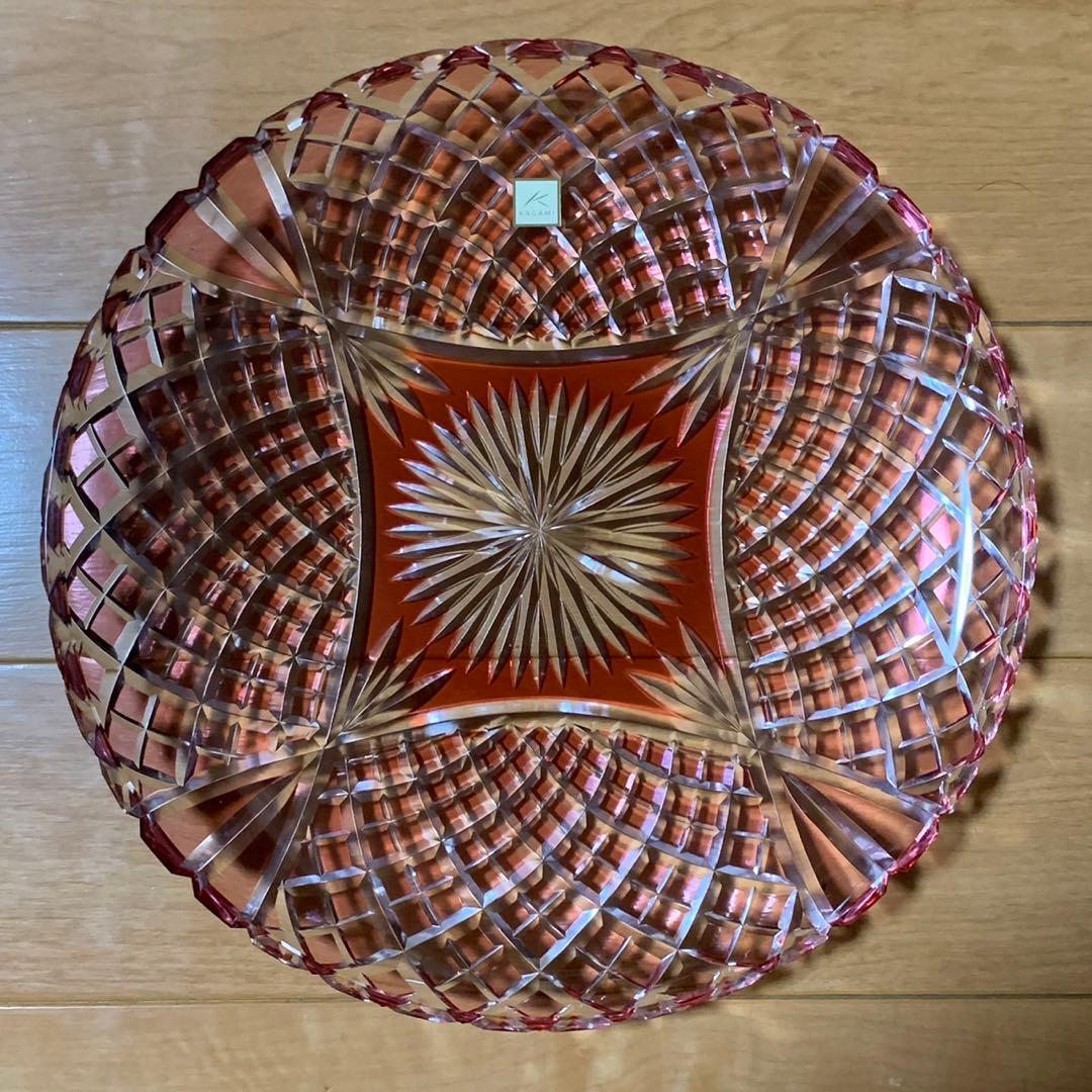 カガミクリスタル 江戸切子 金赤 大皿 27cm 箱無し