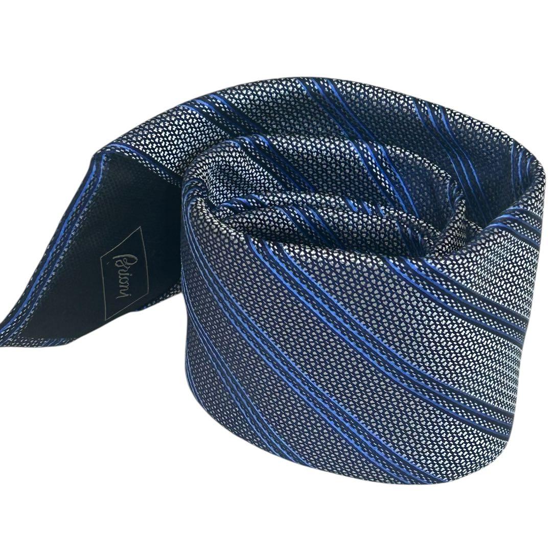 極美品　ブリオーニ　シルクストライプタイ　シルバー×ブルー