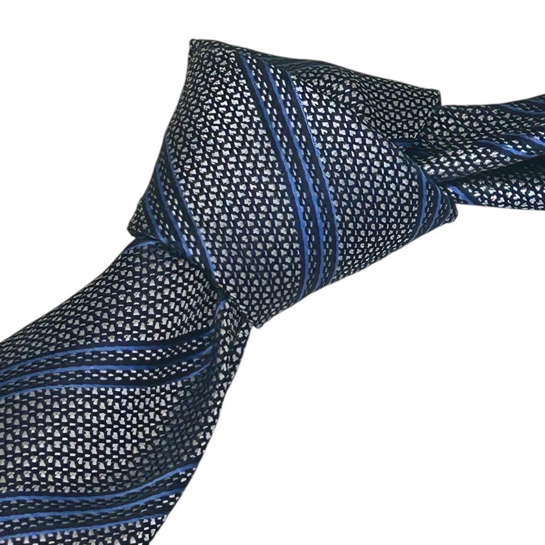 極美品　ブリオーニ　シルクストライプタイ　シルバー×ブルー