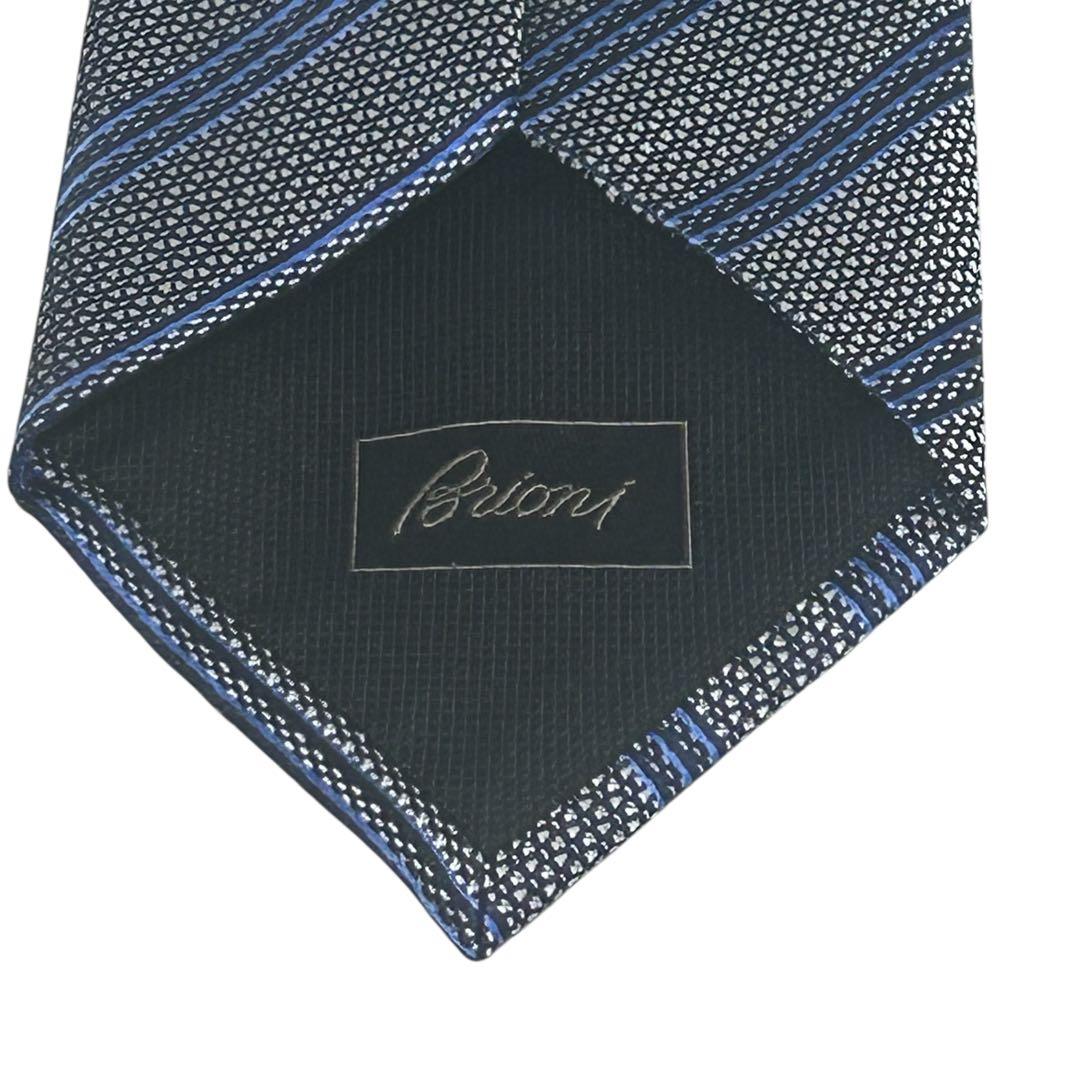極美品　ブリオーニ　シルクストライプタイ　シルバー×ブルー