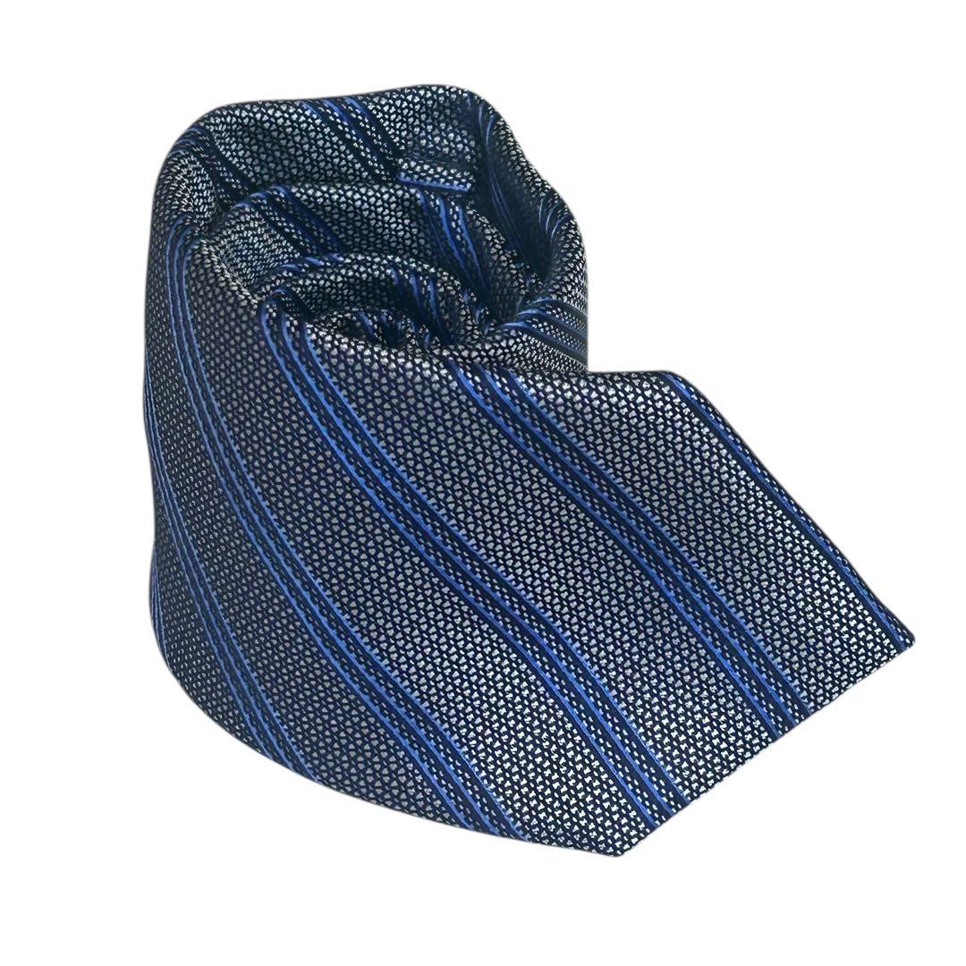 極美品　ブリオーニ　シルクストライプタイ　シルバー×ブルー