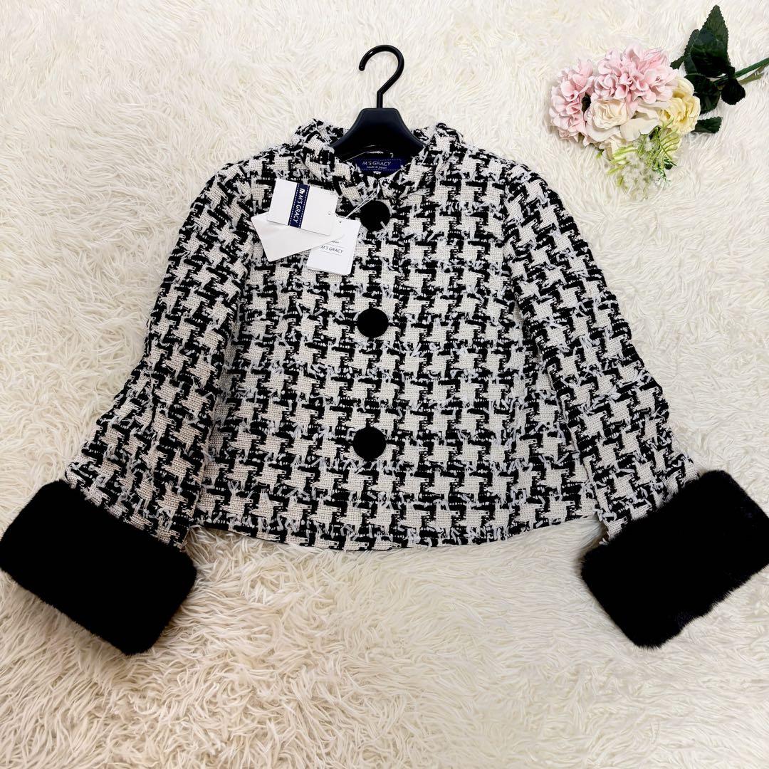 【未使用品】ファー取り外し可　リボン　エムズグレイシー　ツイード　ジャケット