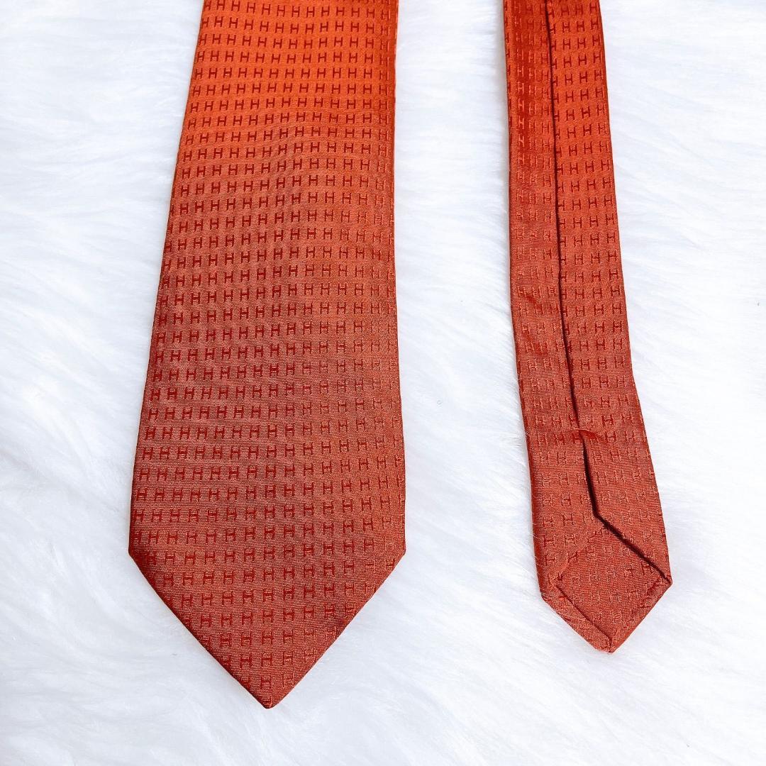 美品✨HERMES エルメス 最高級ネクタイ ファソネ H柄 エルメスオレンジ
