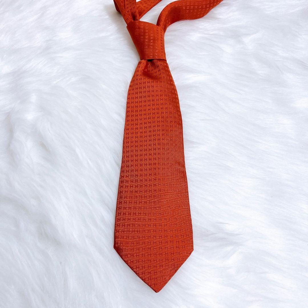 美品✨HERMES エルメス 最高級ネクタイ ファソネ H柄 エルメスオレンジ