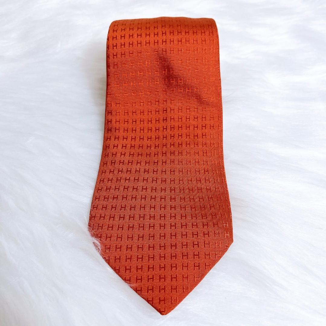 美品✨HERMES エルメス 最高級ネクタイ ファソネ H柄 エルメスオレンジ