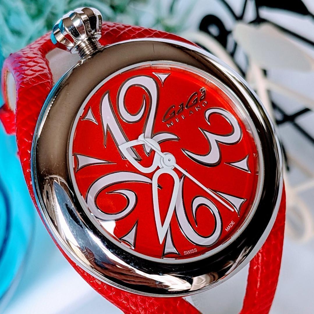 美品 ガガミラノ レディース腕時計フラット42 6070赤レッド箱付きイタリア