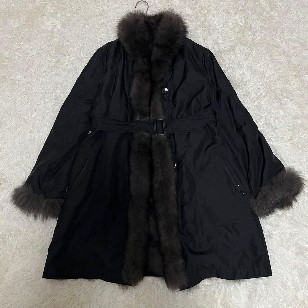 希少♡高級 シルク100 リバーシブル ブルーフォックス 毛皮コート ベルト 黒