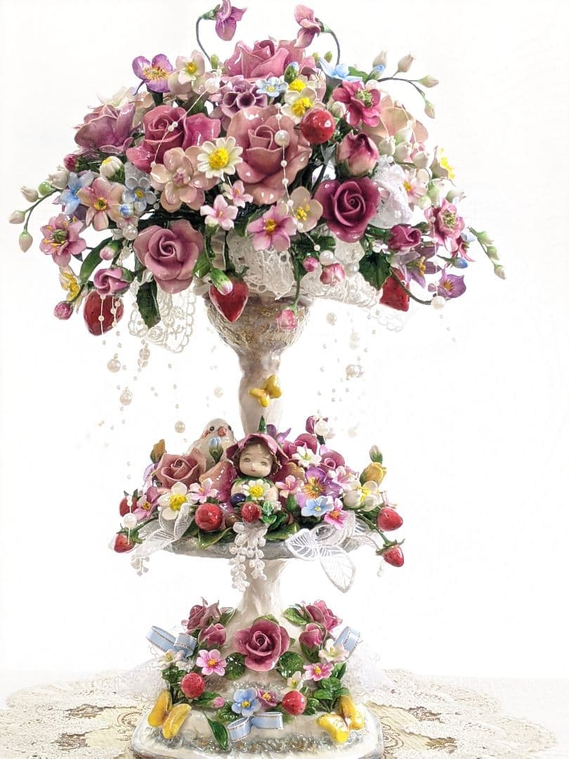 クレイフラワー♡薔薇のアレンジメント♡ロココ調♡ハンドメイド
