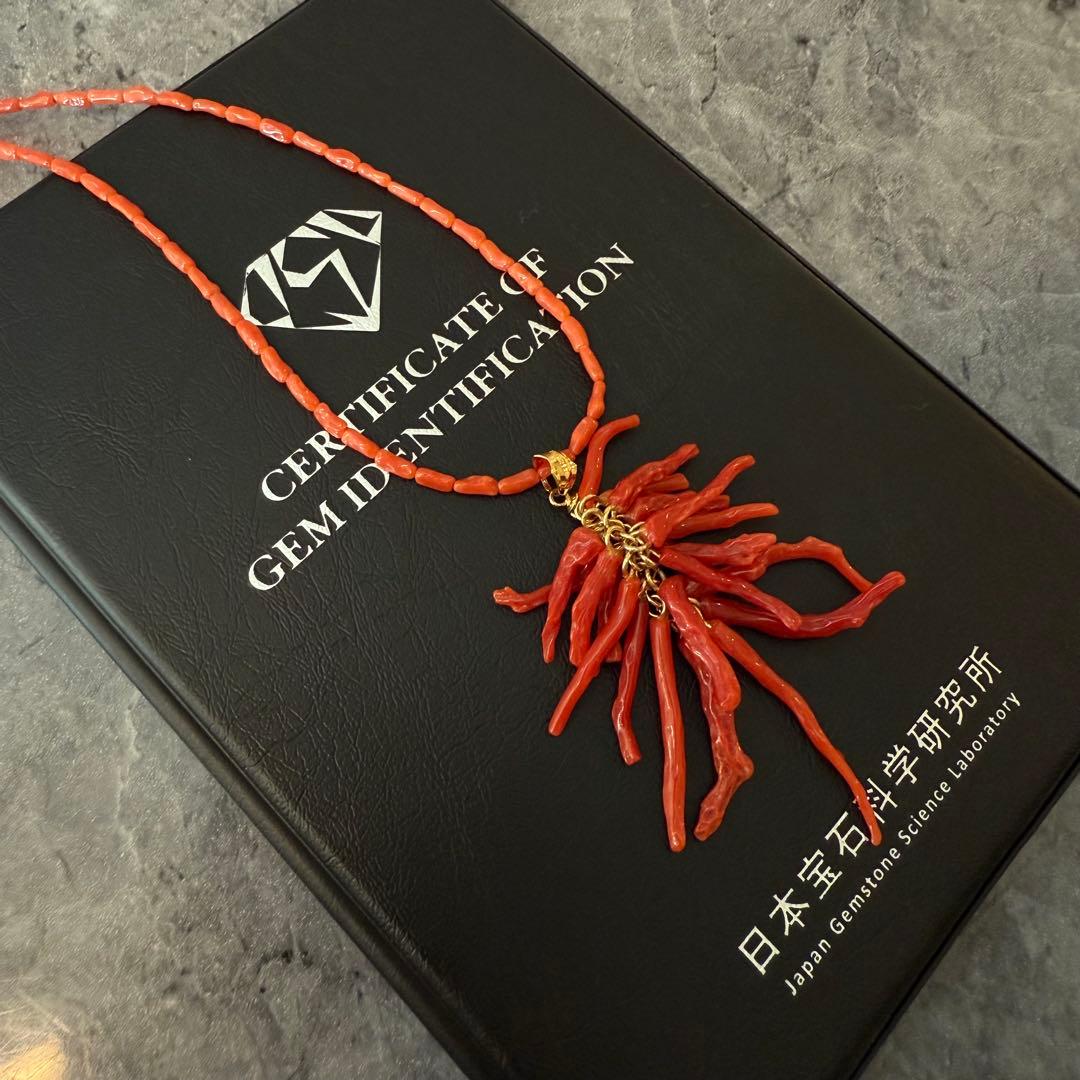 鑑定書付き　天然赤珊瑚のペンダントネックレス　地中海珊瑚　無染色