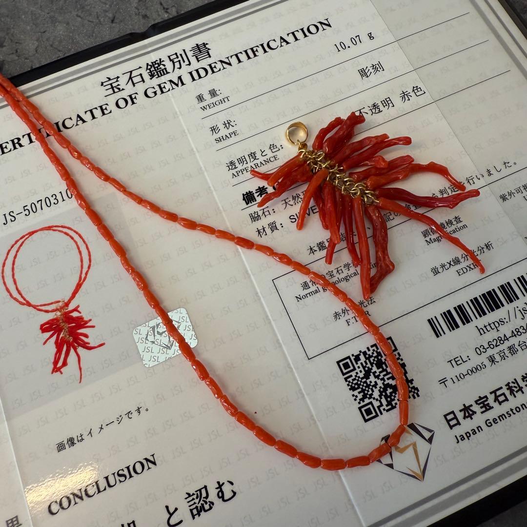 鑑定書付き　天然赤珊瑚のペンダントネックレス　地中海珊瑚　無染色