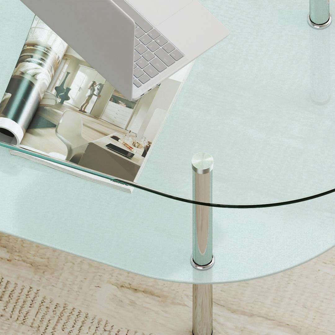 【クリア】二段オーバルコーヒーテーブル 強化ガラス天板+MDF収納棚