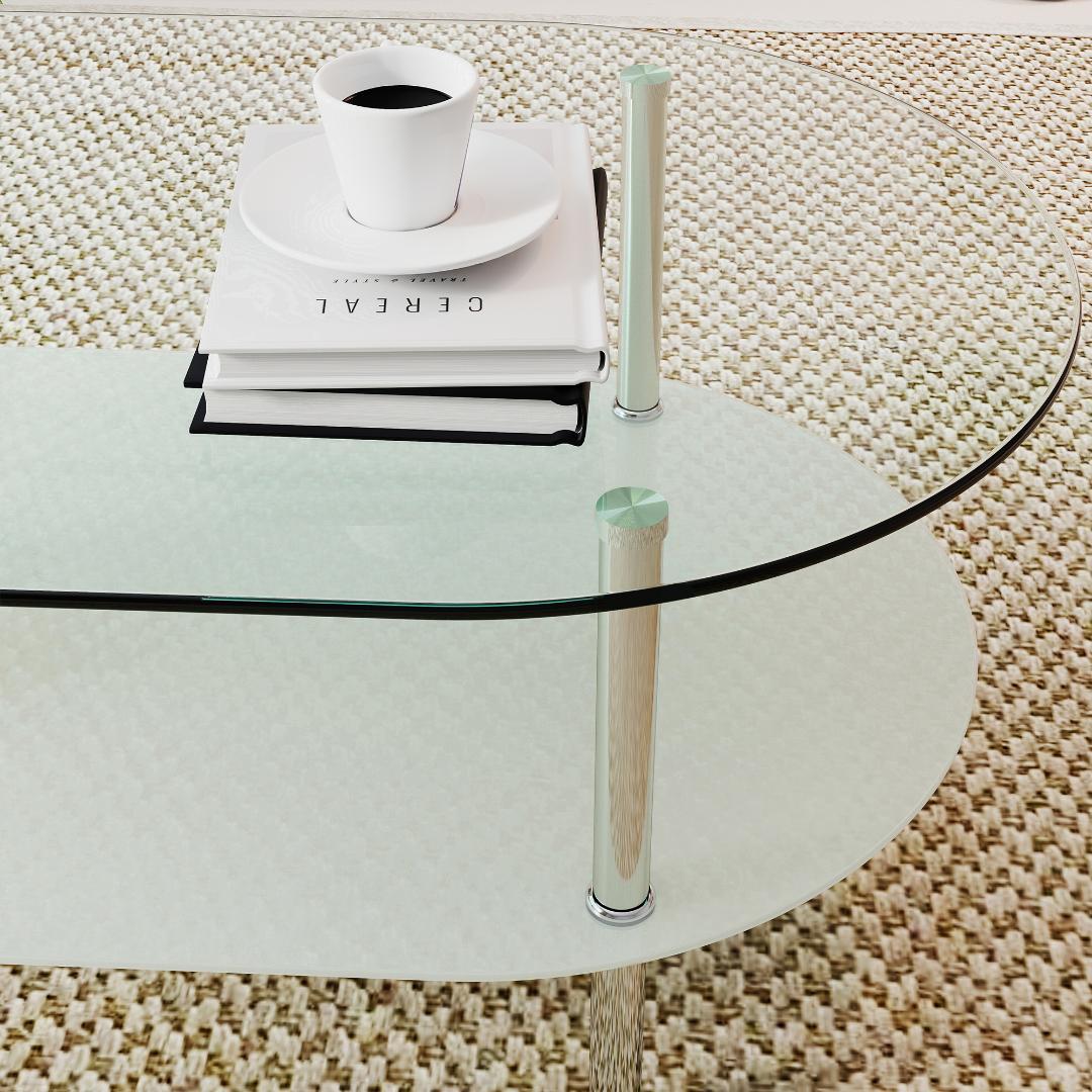 【クリア】二段オーバルコーヒーテーブル 強化ガラス天板+MDF収納棚