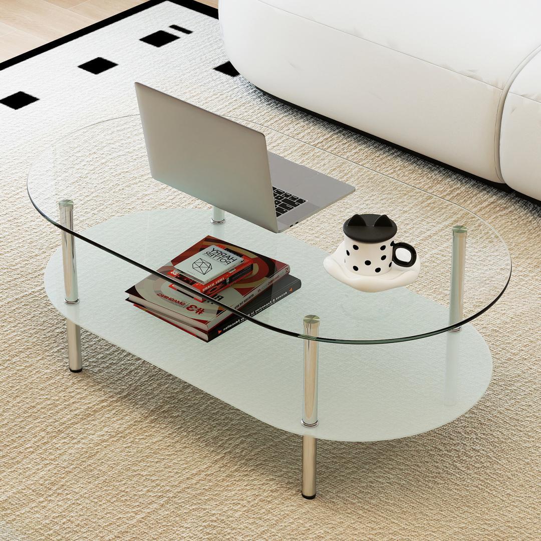 【クリア】二段オーバルコーヒーテーブル 強化ガラス天板+MDF収納棚