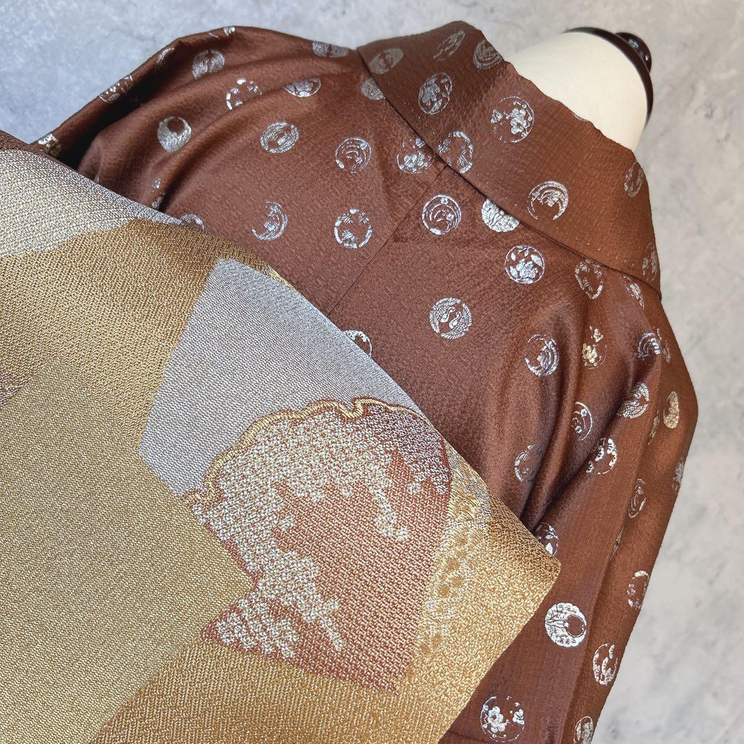 訪問着フルセット　着物　正絹　家紋　かっこいい　茶色　ゴールド