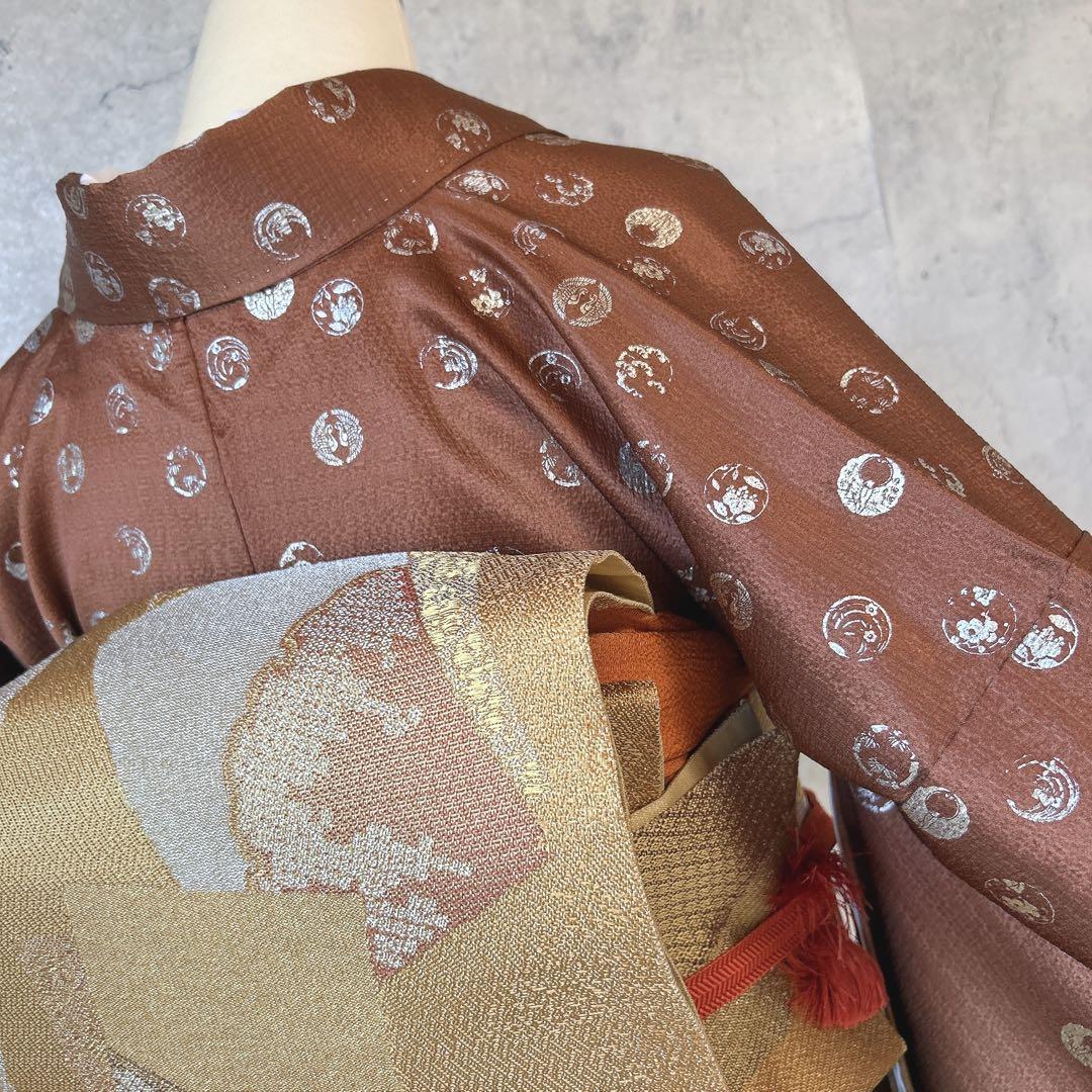 訪問着フルセット　着物　正絹　家紋　かっこいい　茶色　ゴールド