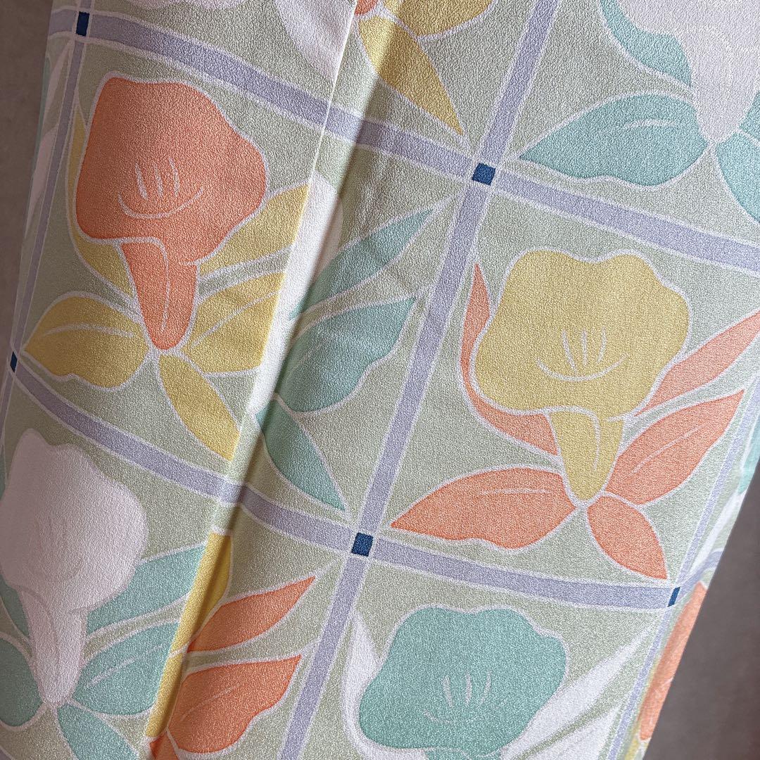 小紋　フルセット　着物　正絹　パステルカラー　紬の帯　しつけ付き　普段着物　J6