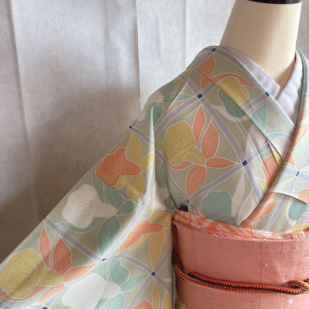 小紋　フルセット　着物　正絹　パステルカラー　紬の帯　しつけ付き　普段着物　J6