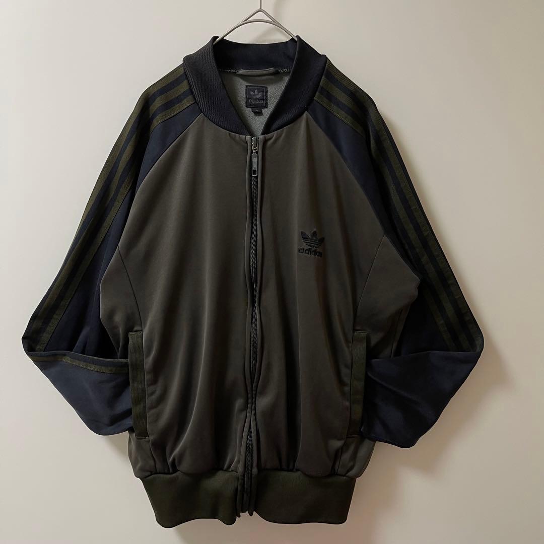 美品90s】アディダス刺繍トラックジャケット古着ジャージトップダークカーキ深緑