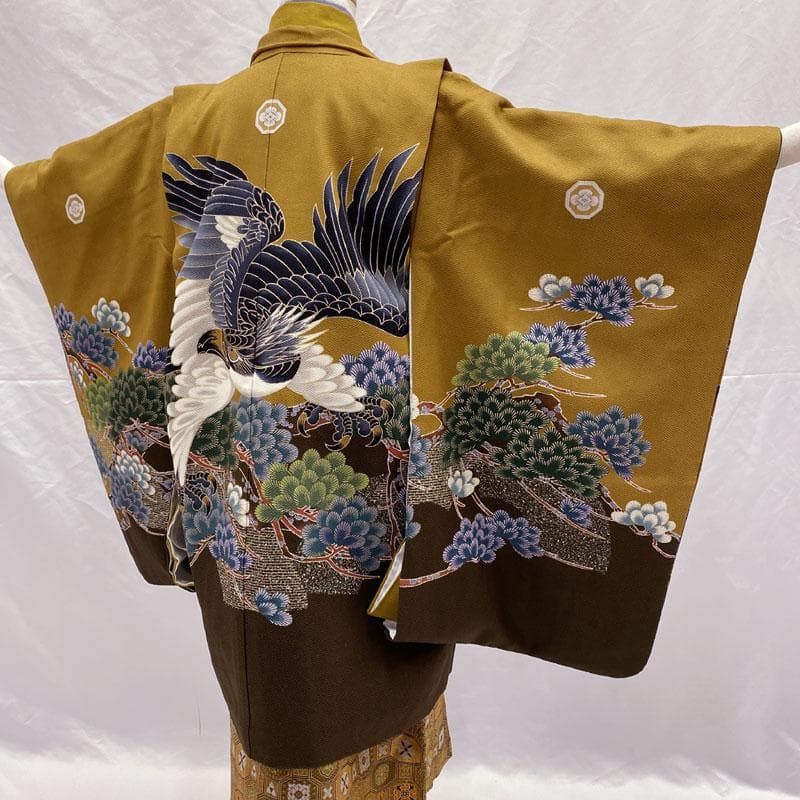 509ab46◎七五三 五歳 男児 着物&羽織&袴&角帯&長襦袢 鷹松 茶系◎