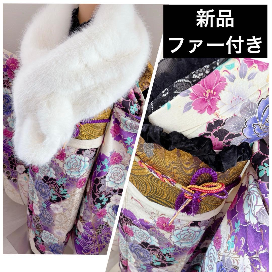 振袖正絹振袖フルセット　新品ボリューム有りのファー付き　牡丹薔薇　ラメ加工　黒白