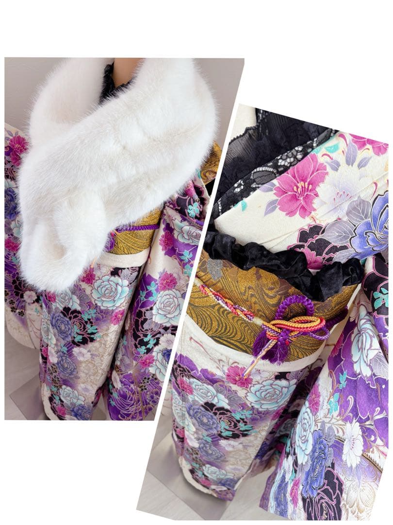 振袖正絹振袖フルセット　新品ボリューム有りのファー付き　牡丹薔薇　ラメ加工　黒白