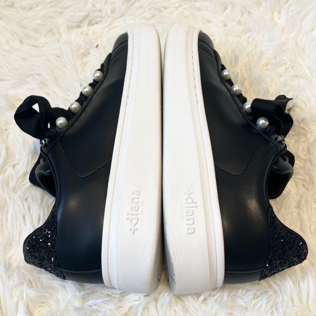【美品】+diana パールビジュー付きリボンスニーカー ブラック 23.5
