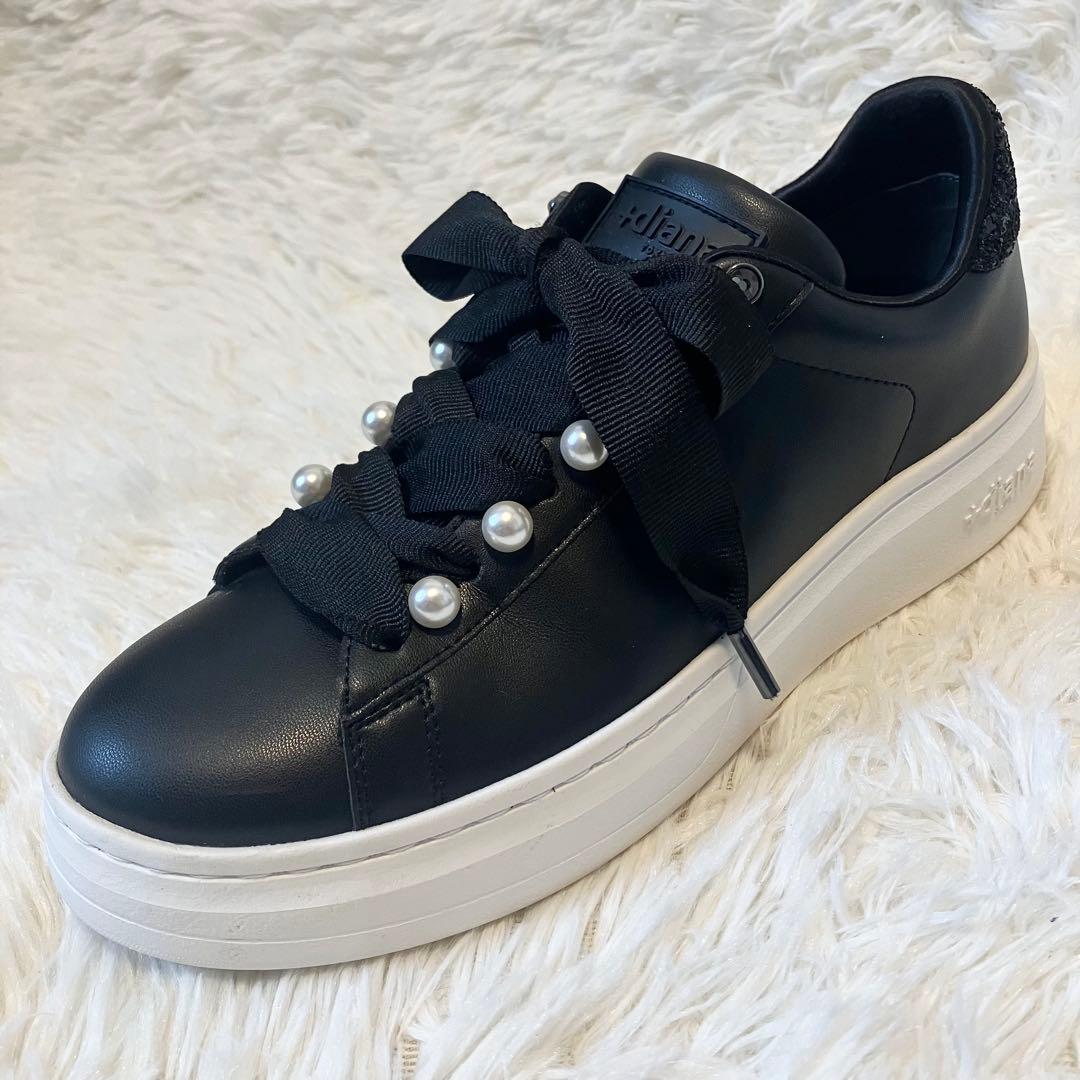 【美品】+diana パールビジュー付きリボンスニーカー ブラック 23.5