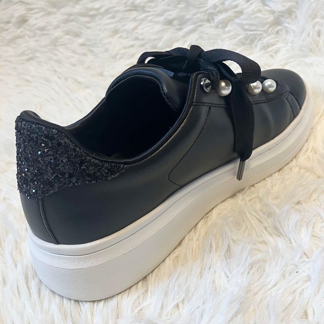 【美品】+diana パールビジュー付きリボンスニーカー ブラック 23.5