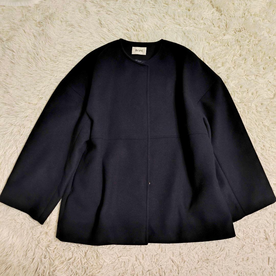 【美品】ROPE ロペ ノーカラー ウール リバー ショートコート