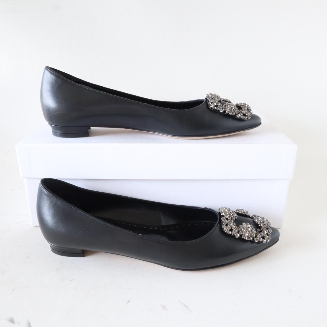 箱/袋付ほぼ未使用マノロブラニク ハンギシ フラット 35 カーフ 黒 22cm