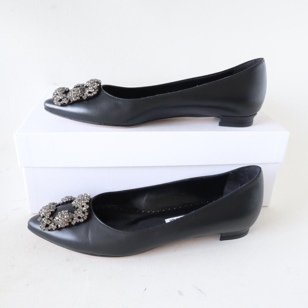 箱/袋付ほぼ未使用マノロブラニク ハンギシ フラット 35 カーフ 黒 22cm