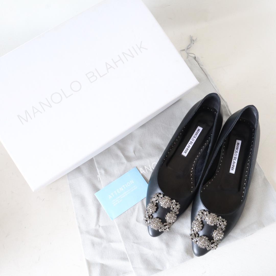 箱/袋付ほぼ未使用マノロブラニク ハンギシ フラット 35 カーフ 黒 22cm