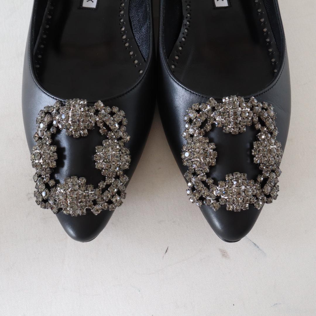 箱/袋付ほぼ未使用マノロブラニク ハンギシ フラット 35 カーフ 黒 22cm