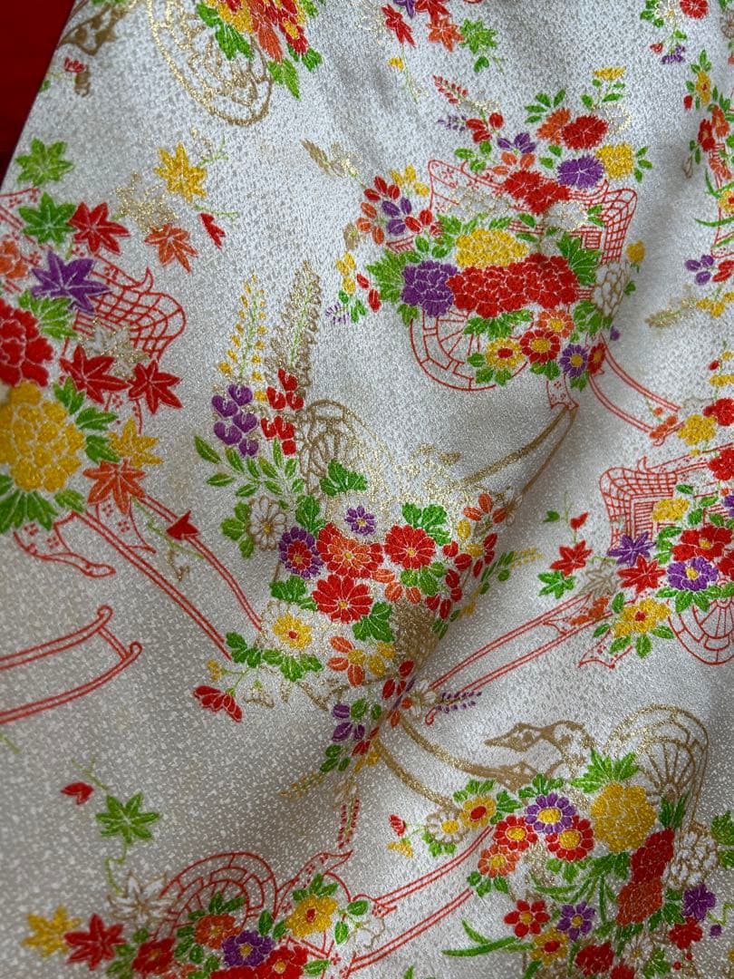 7歳　七五三　十三参り　身丈144 正絹着物　帯、帯揚げ、帯締め　しごき　セット